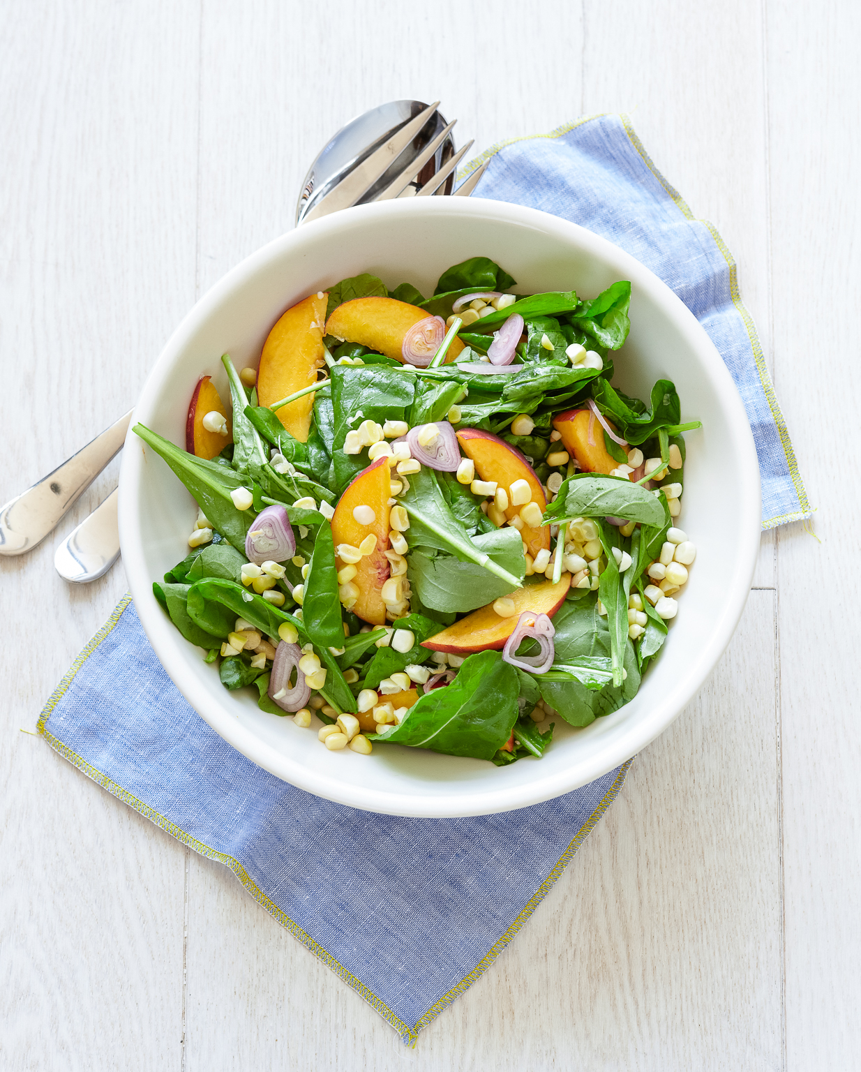 Arugula Salad with Peaches, Corn, and Pickled Shallots