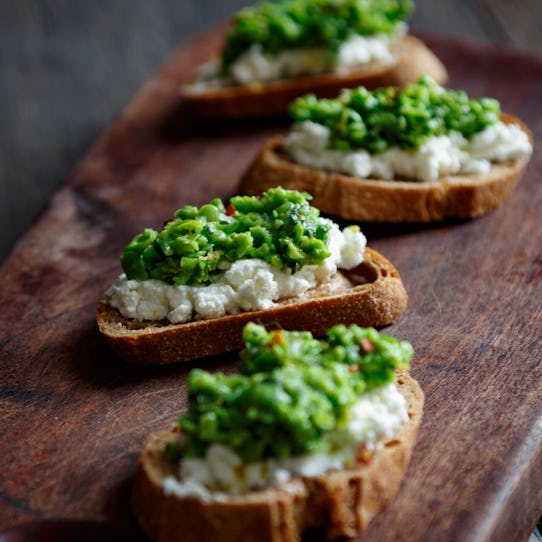 Pea-Mint Pesto + Ricotta Crostini