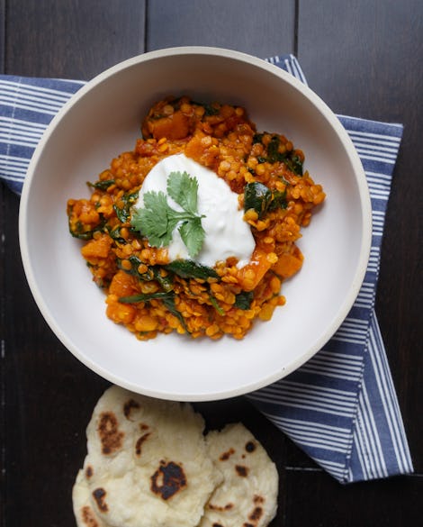 Orange Dal with Sweet Potatoes and Spinach