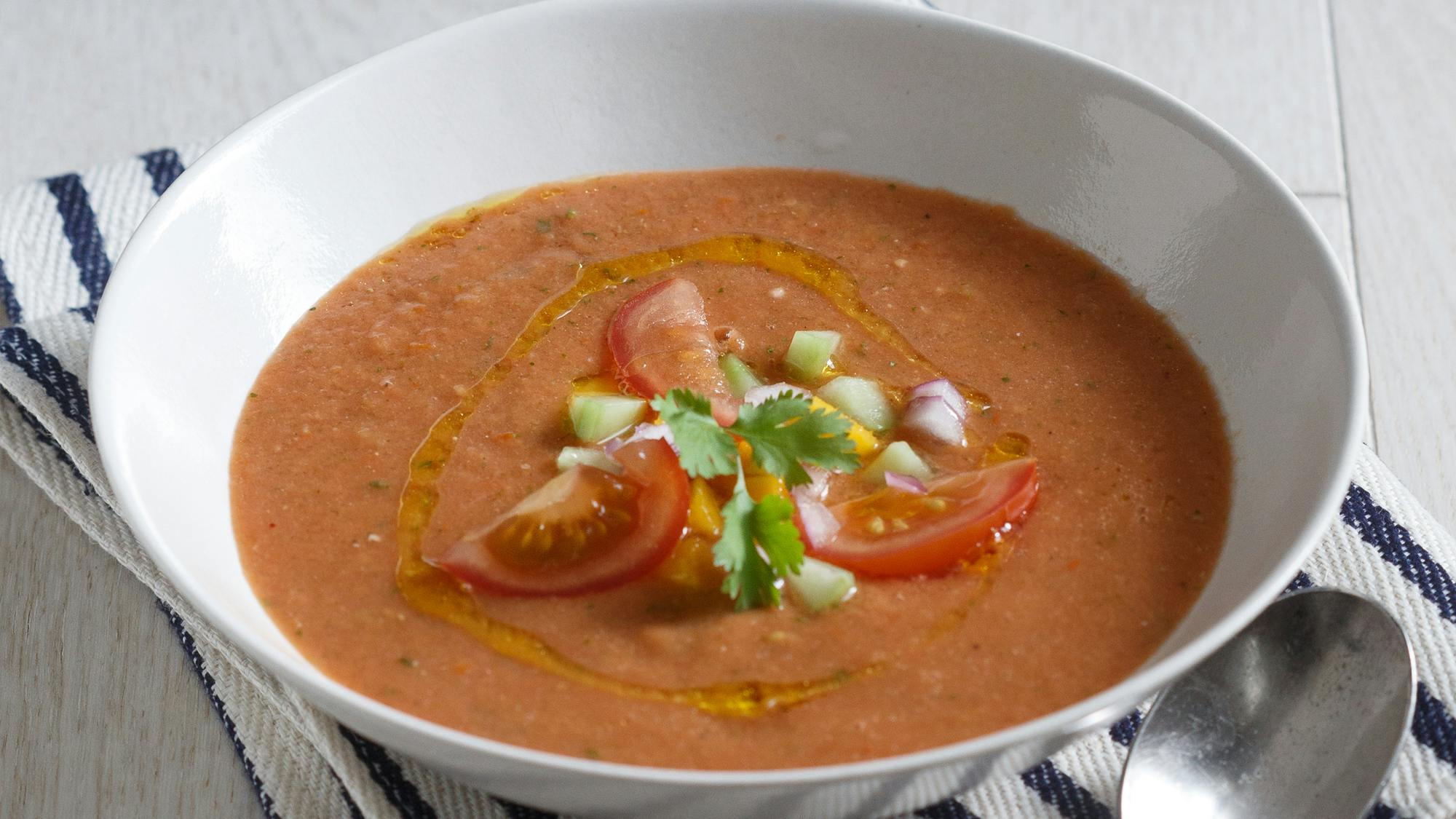 Best Heirloom Tomato Gazpacho with Mangoes and Cucumber Recipe