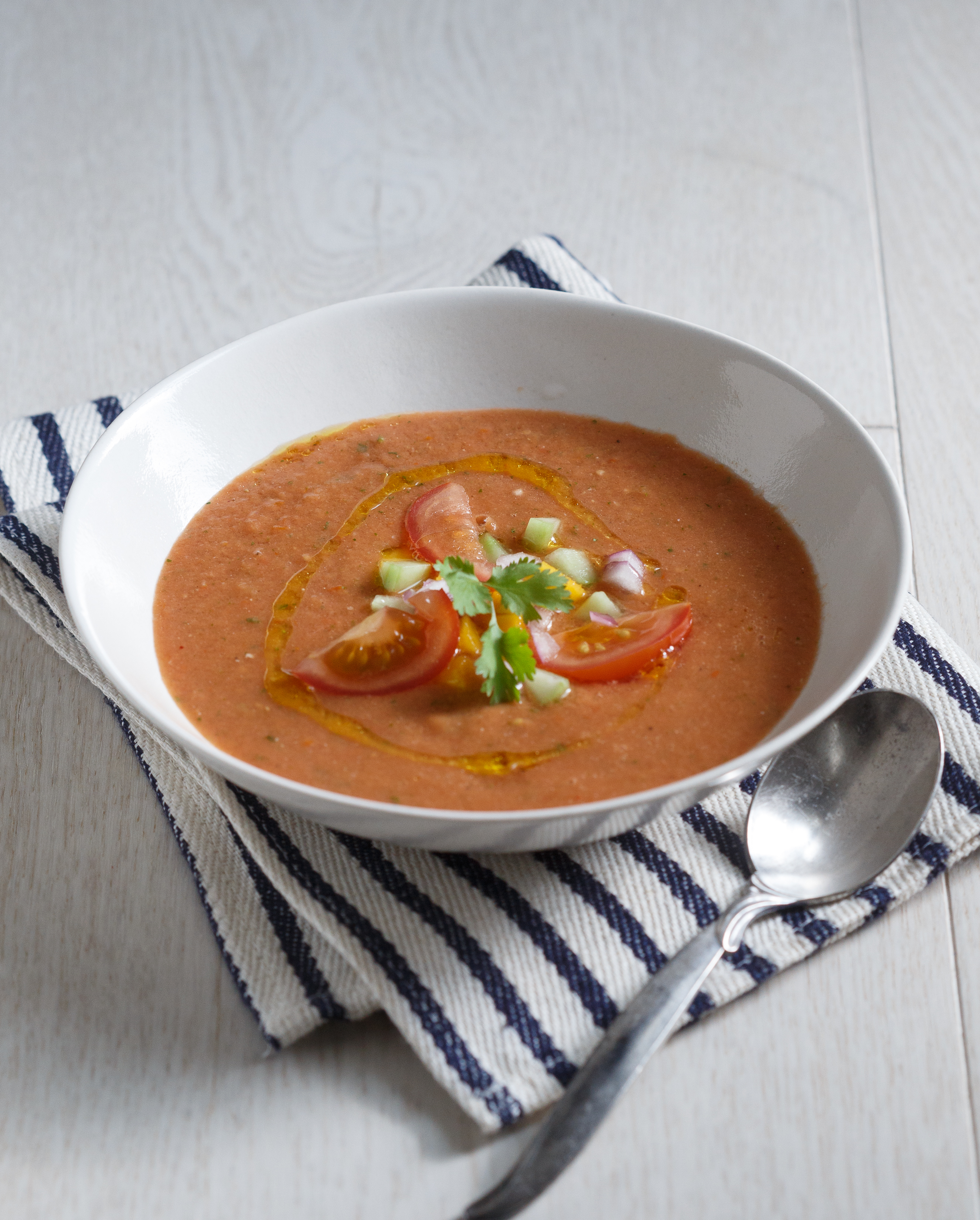 Heirloom Tomato Gazpacho with Mangoes and Cucumber