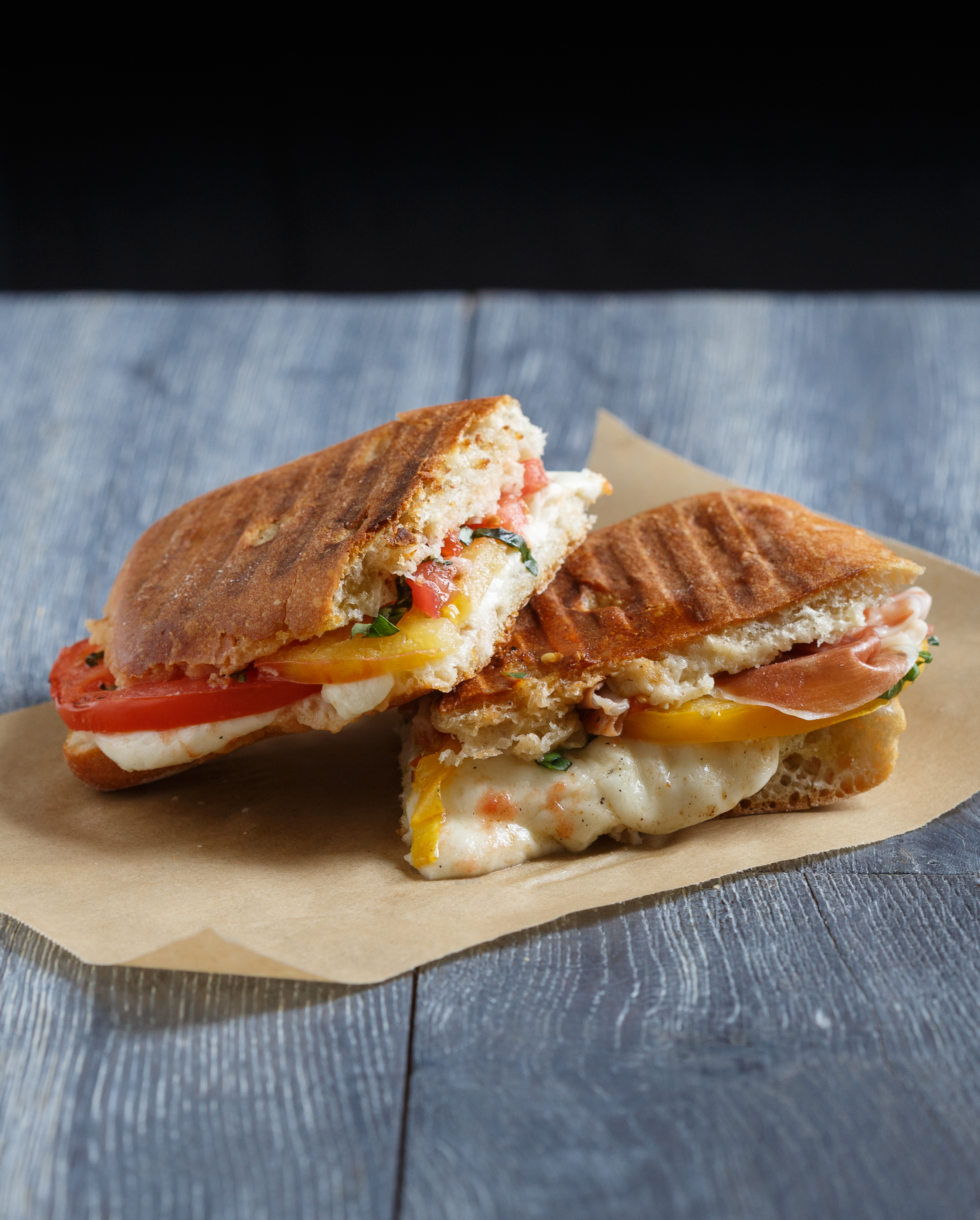 Heirloom Tomato Panini with Prosciutto, Mozzarella, and Basil