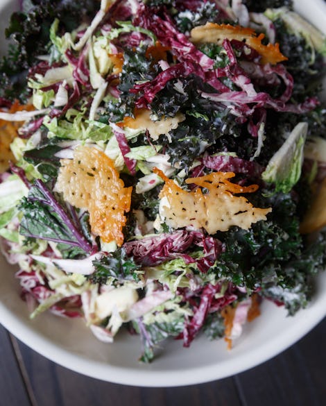 Kale Caesar Salad with Brussels Sprouts and Radicchio
