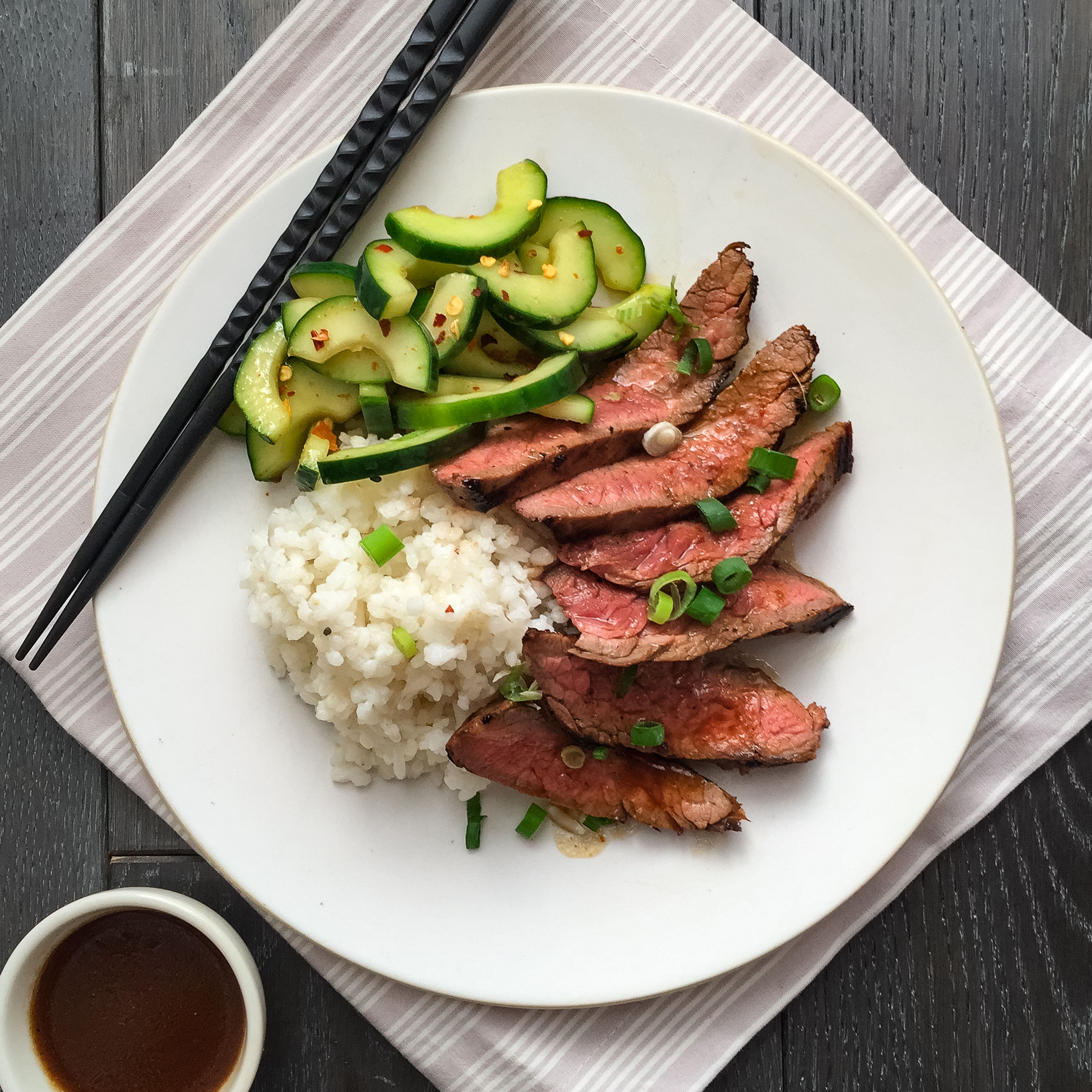 Best Korean Style Grilled Flank Steak with Spicy Cucumbers and Sticky Rice Recipe