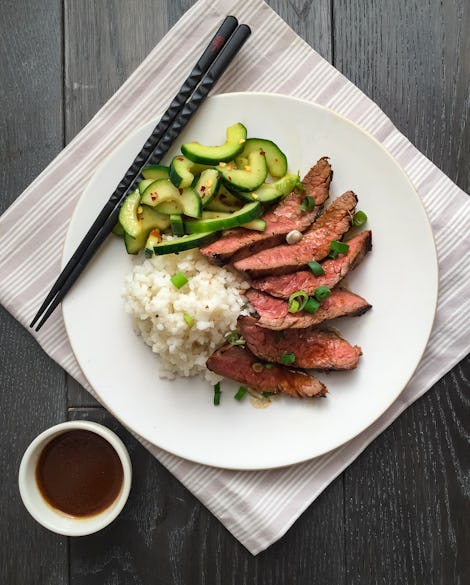 Korean-Style Grilled Flank Steak with Spicy Cucumbers and Sticky Rice