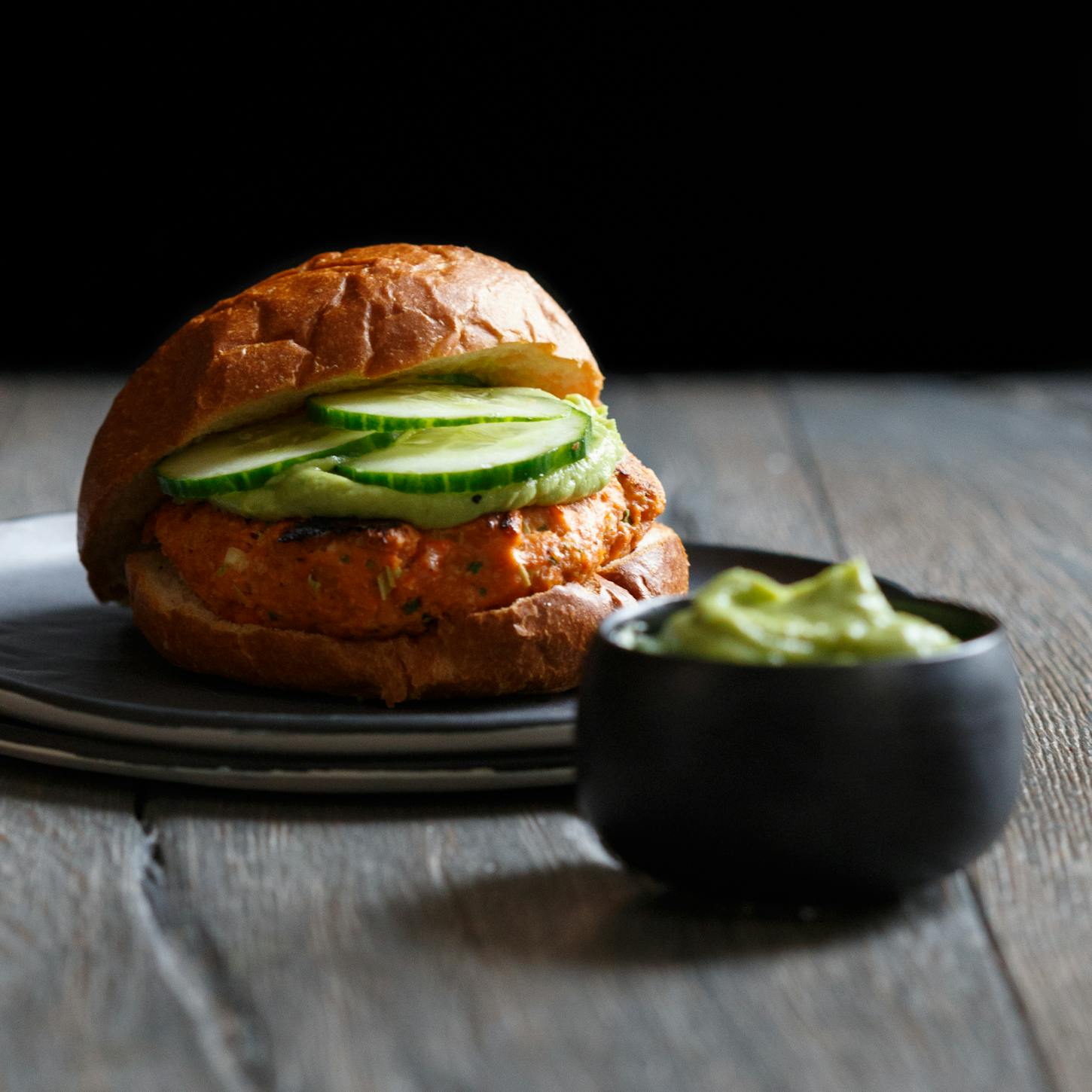 Classic Salmon Burgers with Alaskan sockeye salmon and avocado