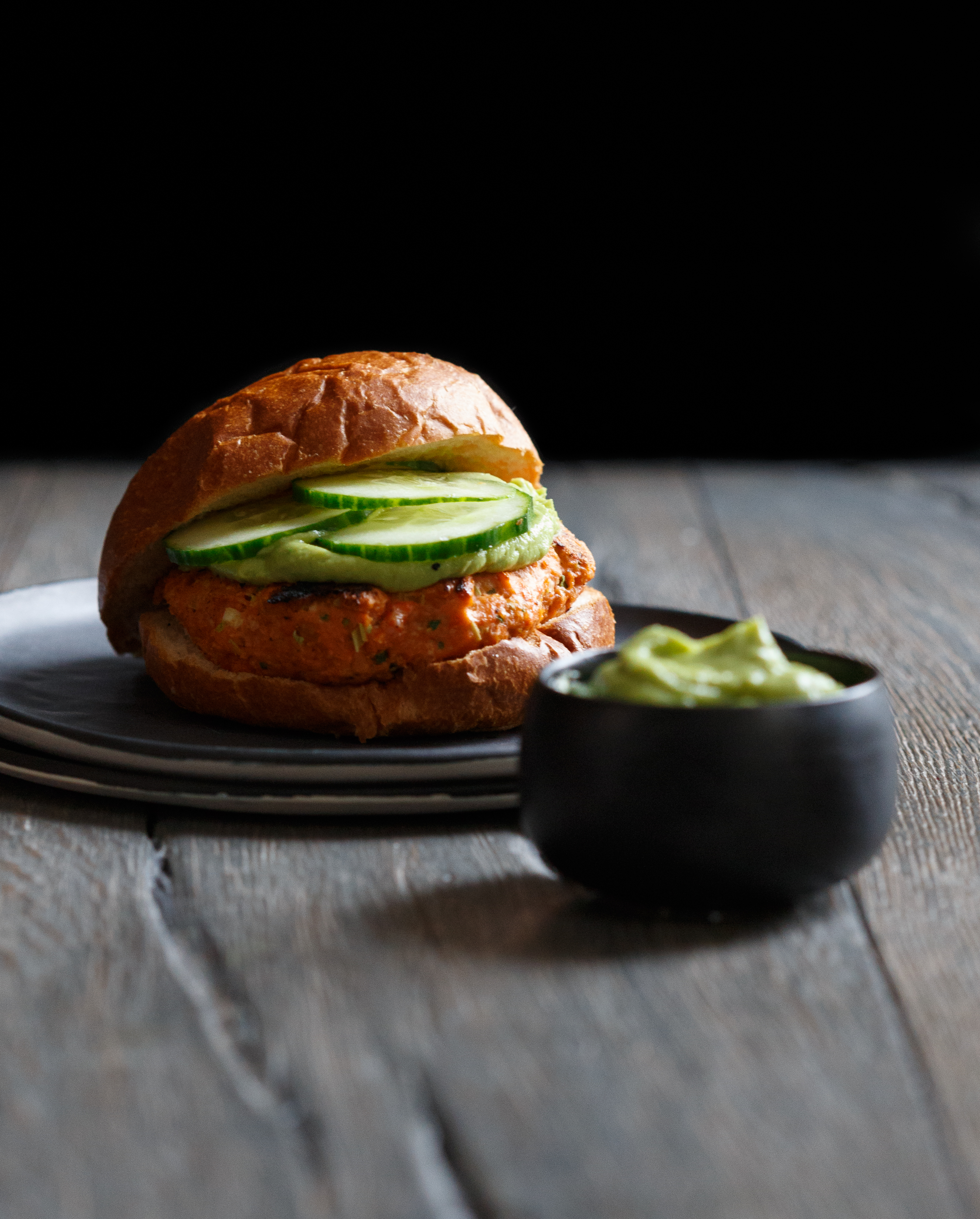 Lemongrass Salmon Burgers with Avocado Wasabi Sauce