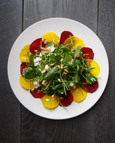 Raw Beet Salad with Baby Arugula, Goat Cheese, and Hazelnuts