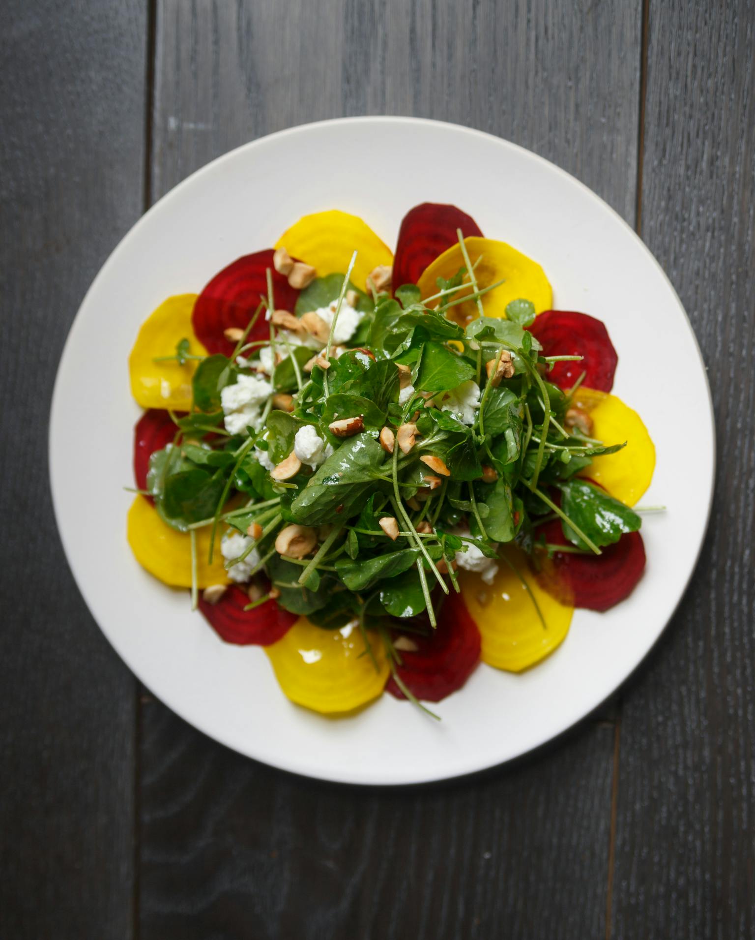 Best Raw Beet Salad with Baby Arugula, Goat Cheese, and Hazelnuts