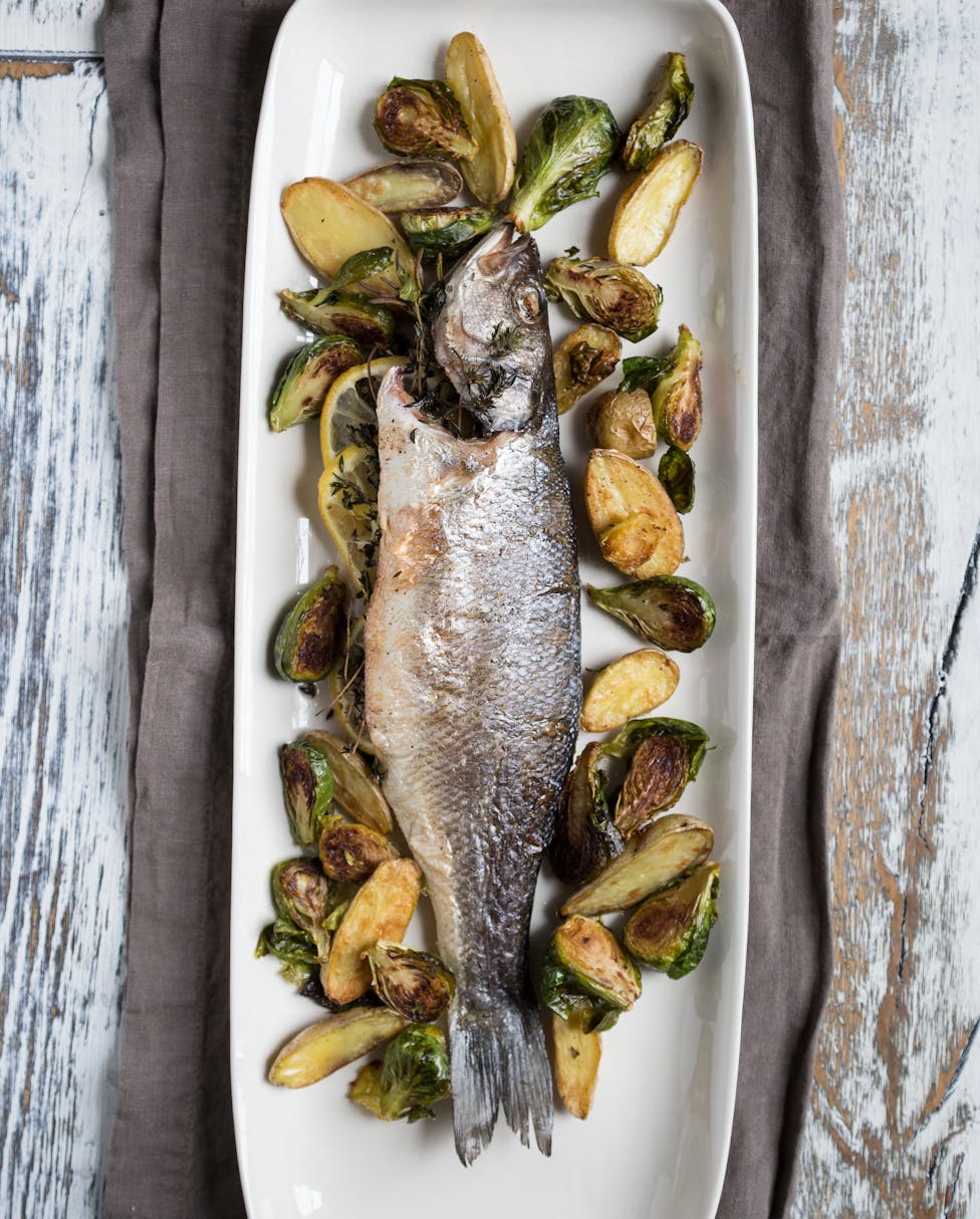 Best Roasted Branzino with Brussels Sprouts Recipe - The Yellow Table