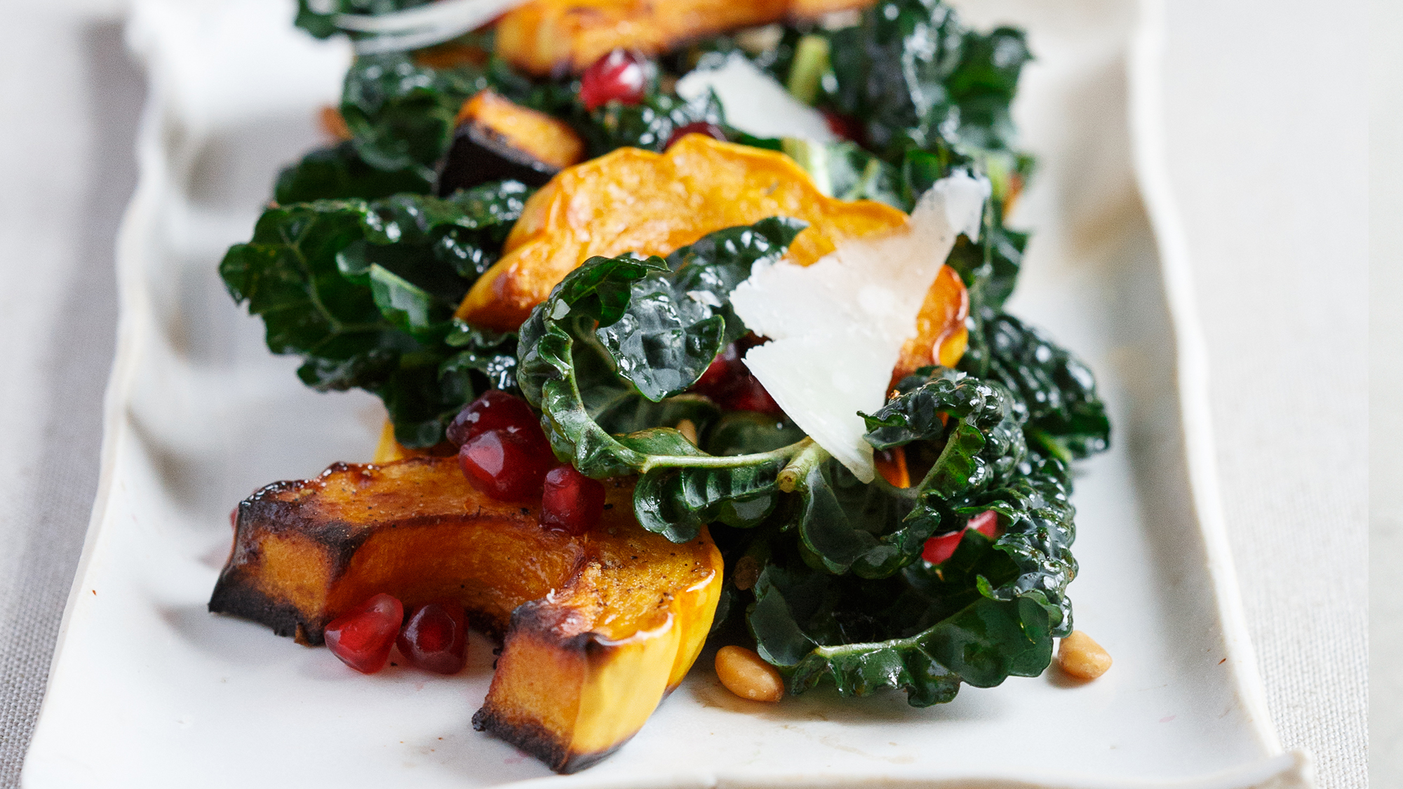 Best Roasted Squash with Kale, Pine Nuts, and Pomegranate Seeds Recipe
