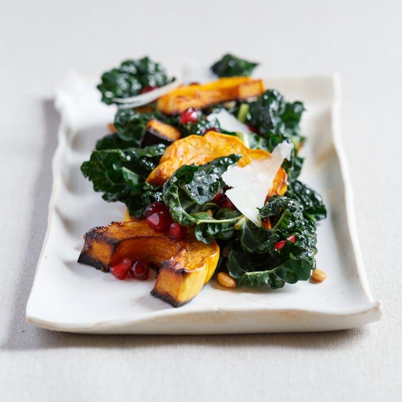 Best Roasted Squash with Kale, Pine Nuts, and Pomegranate Seeds Recipe