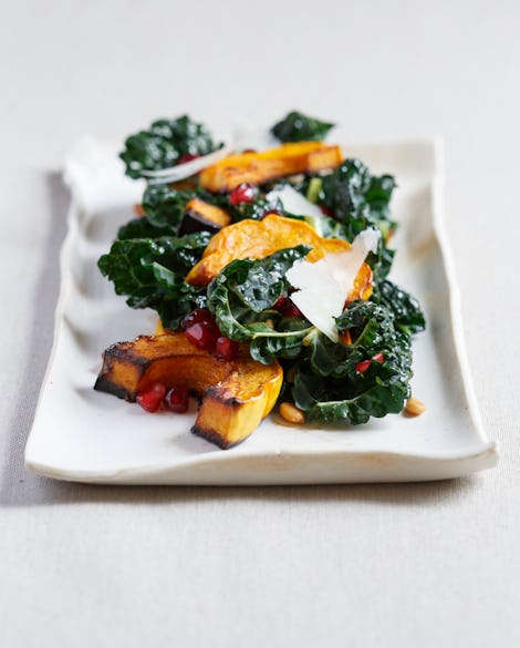 Roasted Squash with Kale, Pine Nuts, and Pomegranate Seeds