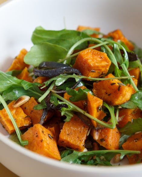 Roasted Sweet Potatoes with Red Onions and Arugula