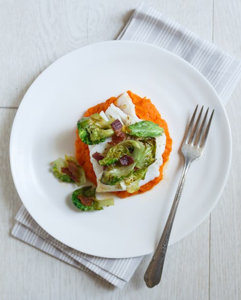 Sear-Roasted Cod with Brussels Sprouts, Bacon, and Carrot Purée