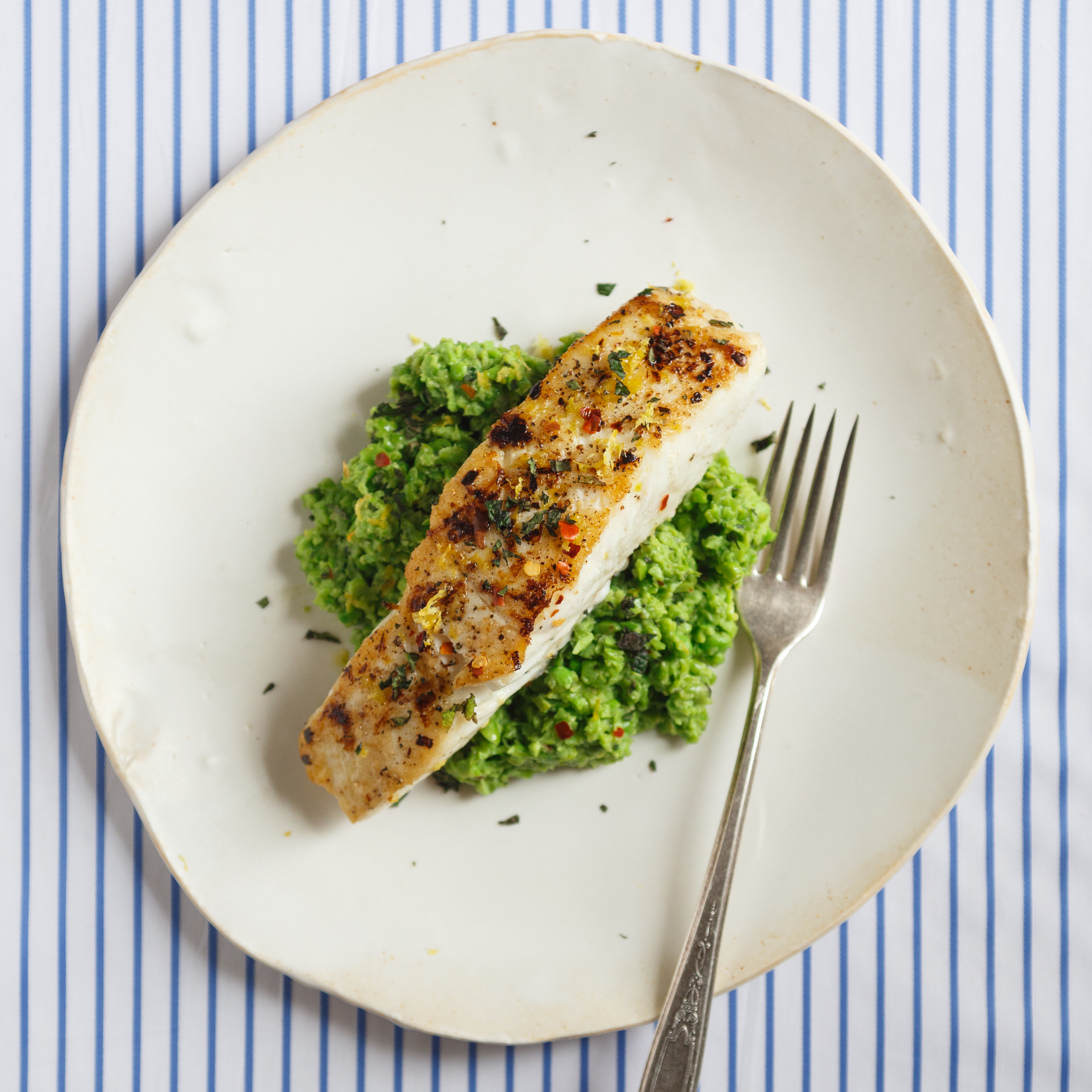 Seared Halibut + Pea-Fava Purée