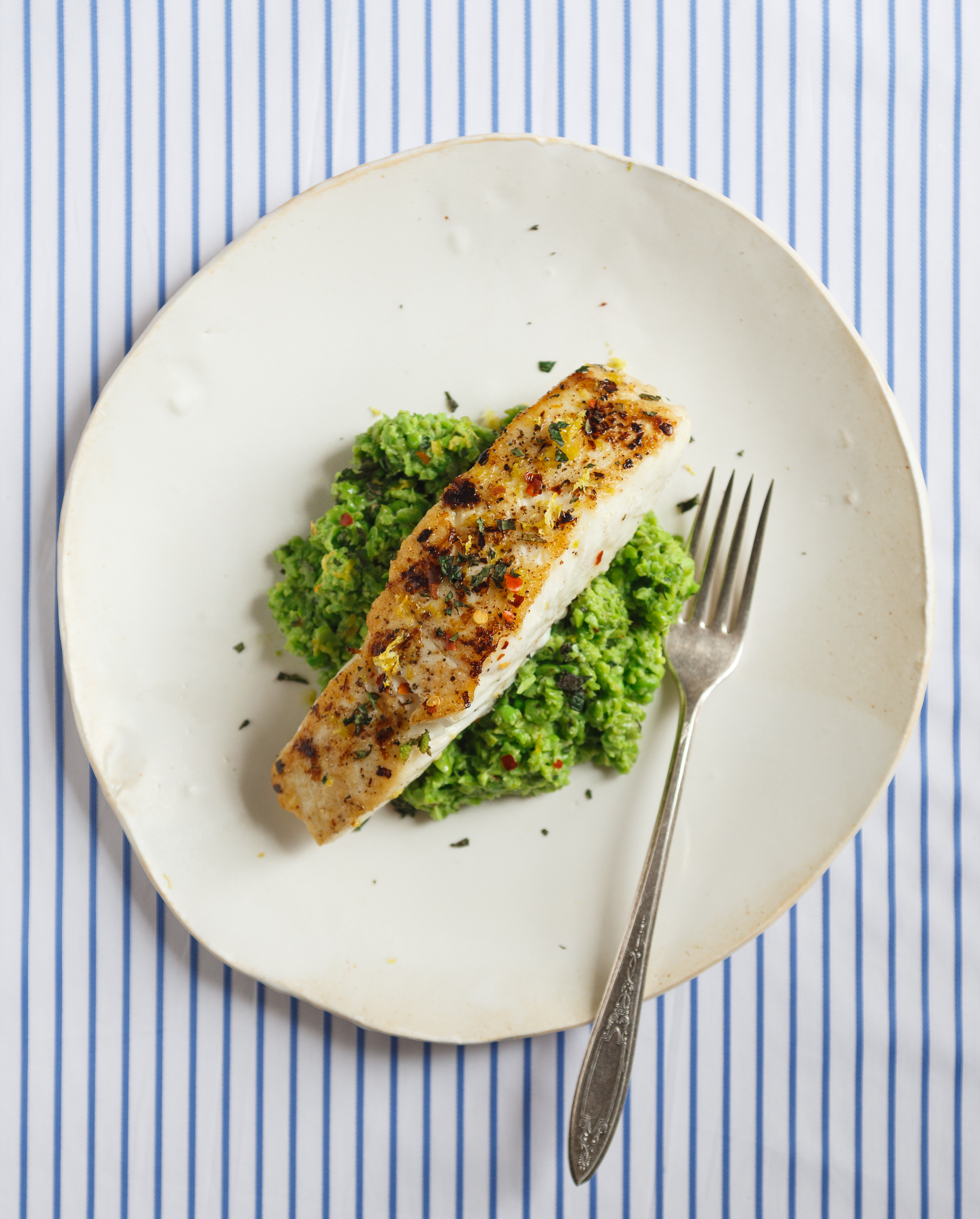 Seared Halibut with Pea-Fava Purée