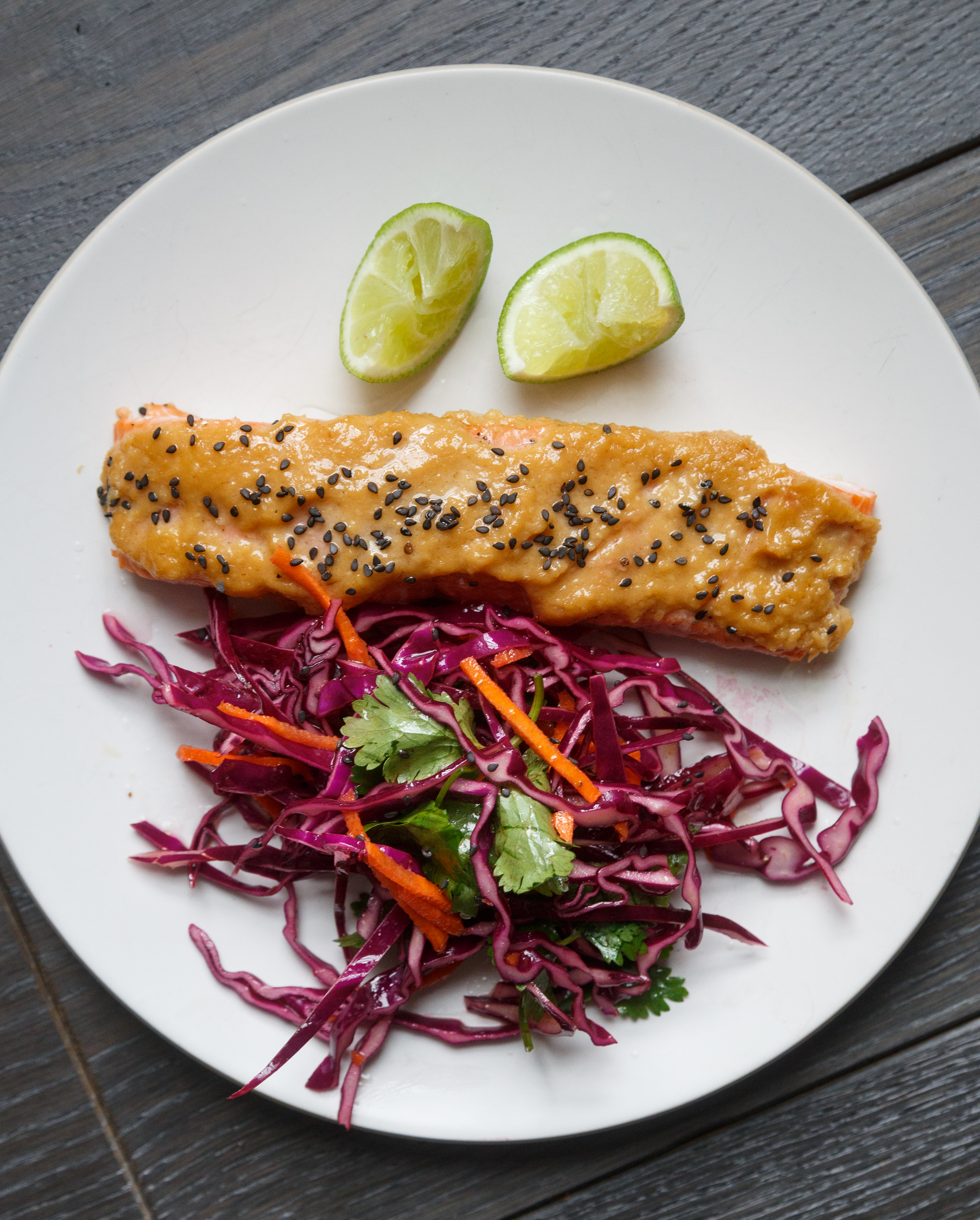 Sesame-Miso-Glazed Salmon with Red Cabbage Slaw