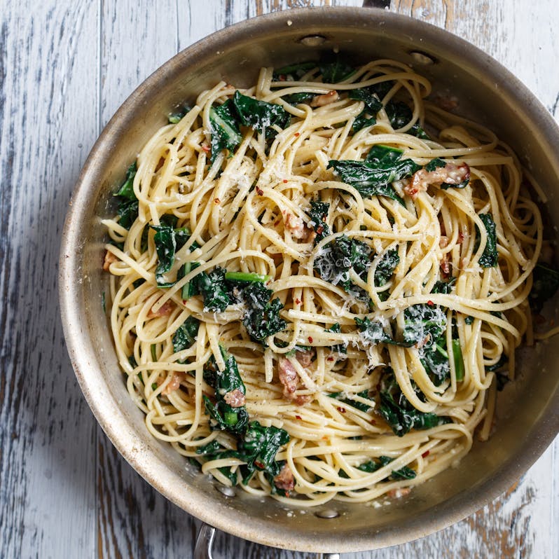 Best Spaghetti Carbonara with Garlicky Greens Recipe - The Yellow Table