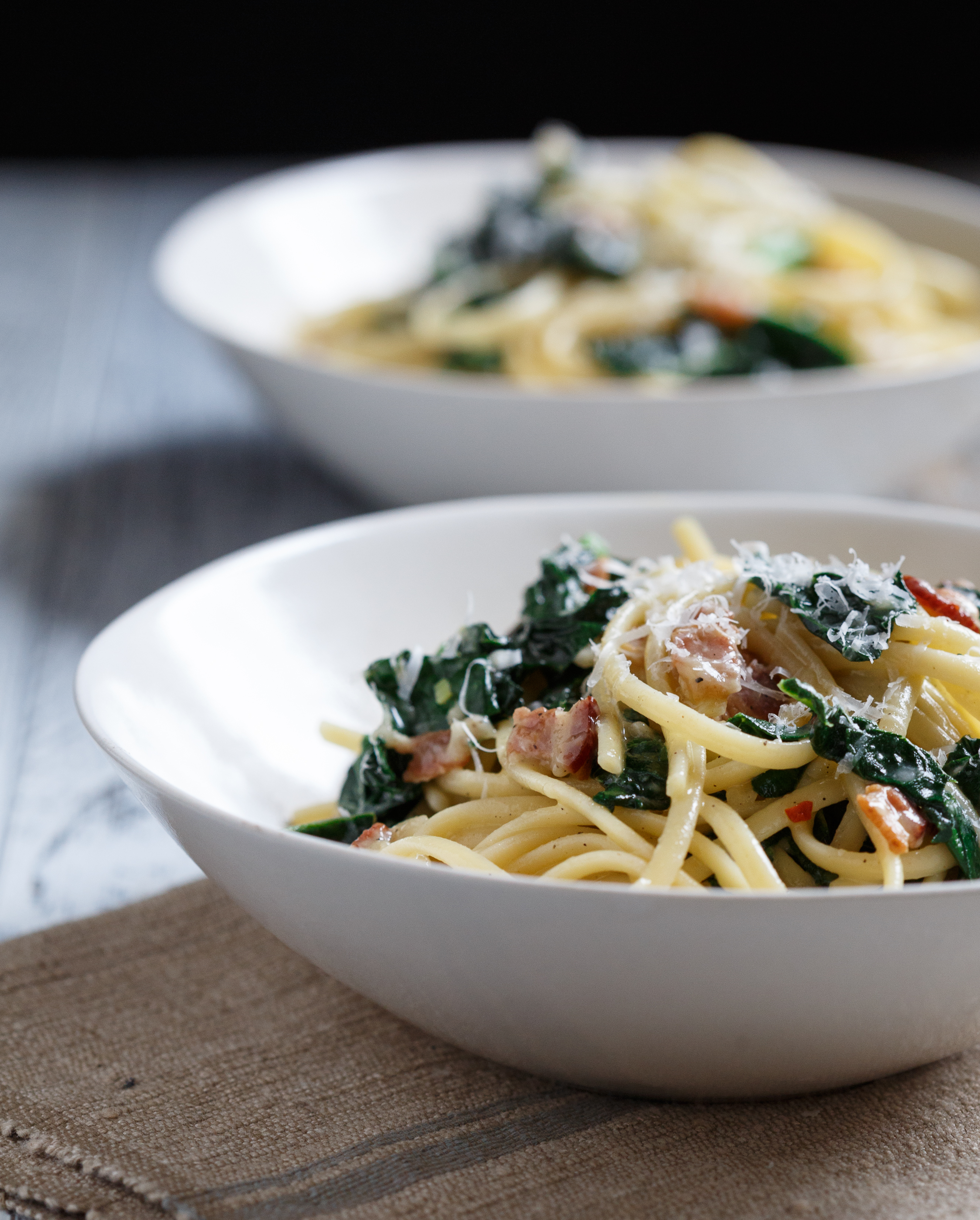 Spaghetti Carbonara with Garlicky Greens