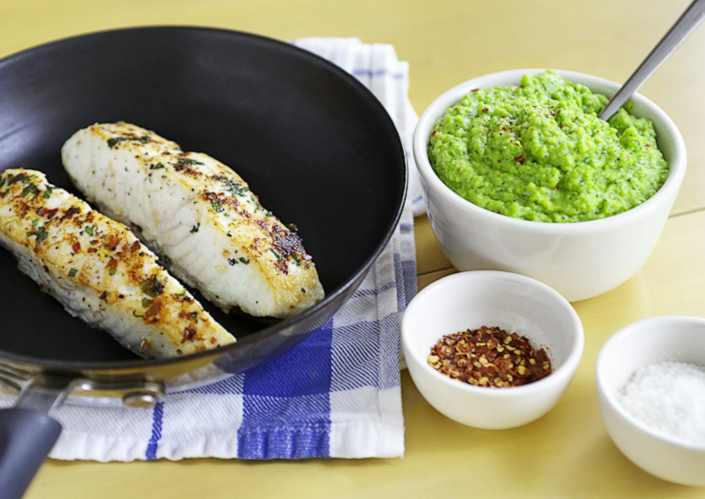 Healthy Living Seared Halibut with PeaFava Puree The Yellow Table