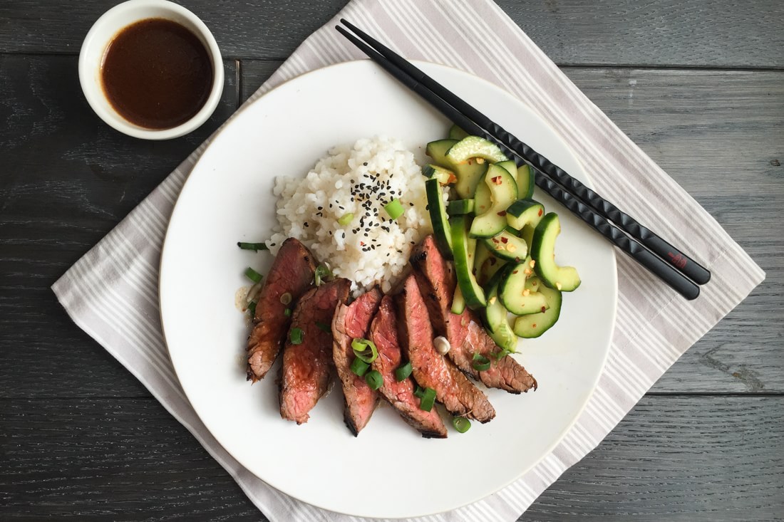 Korean-Style Grilled Flank Steak With Spicy Cucumbers And Sticky Rice ...