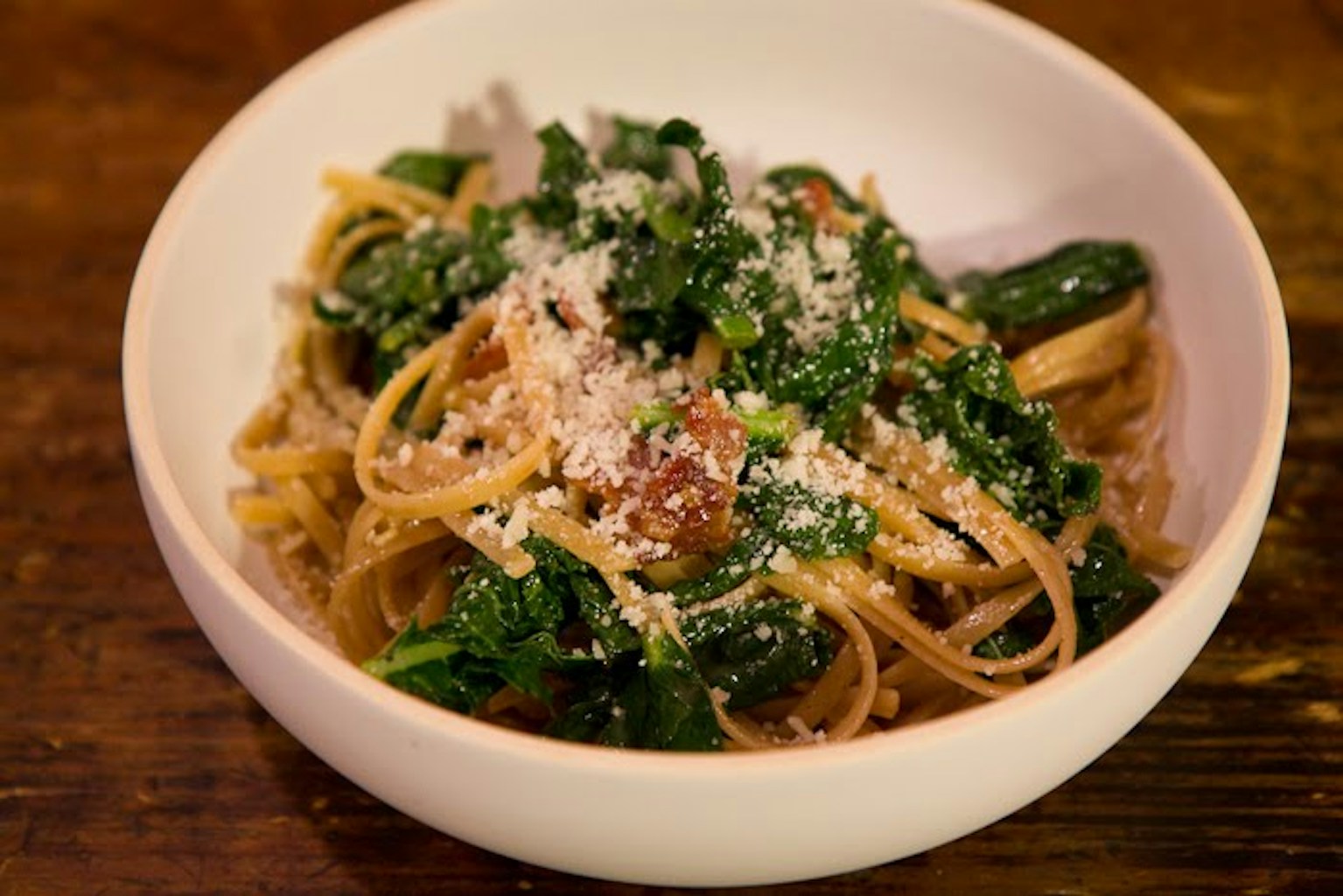 Spaghetti Carbonara with Garlicky Greens - The Yellow Table